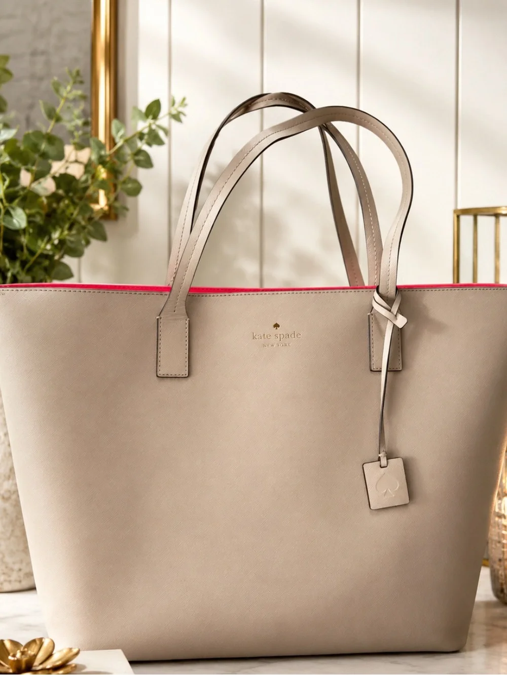 kate spade taupe tote with pink trim